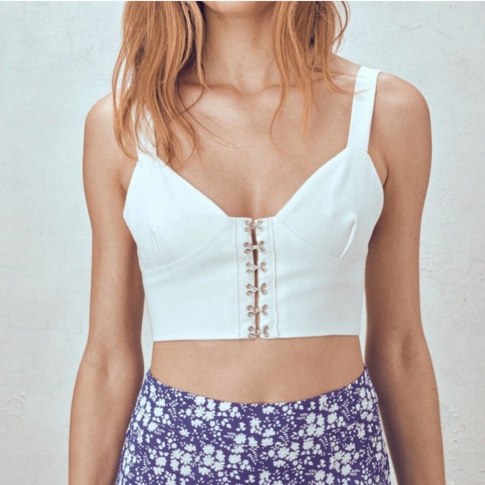 For Love And Lemons White Poppy Denim Hook-and-Eye Crop Top Bustier